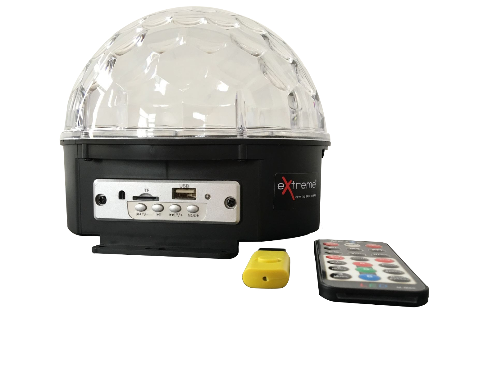EXTREME CRYSTAL BALL 91-MP3 EFFETTO LUCE LED MAGIC 9x1W RGBYWVOPwW MEZZA SFERA BLUETOOTH MINI-SD+USB TELECOMANDO REMOTE AUTO SOUND ACTIVE_4
