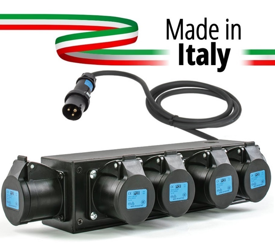 POWER-BOX NERO CIABATTA ALIMENTAZIONE PALCO MADE IN ITALY SPIA RETE  INGRESSO SPINA VOLANTE 16A 3P USCITE 5 PRESE 16A 3P+N+T - SuonoStore.com