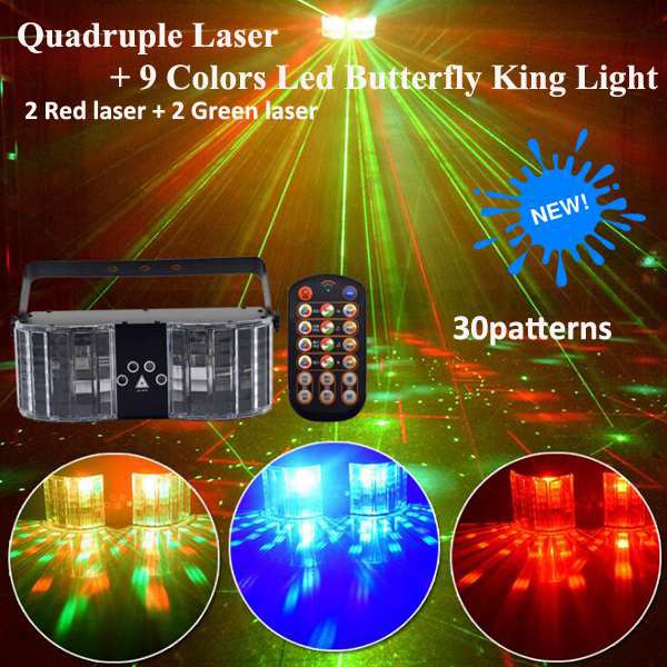 EXTREME BUTTERFLY KING EFFETTO LUCE DOPPIO LASER RG 2X200MW 2X30MW LED RGB 8x3WATT 30 PATTERN DMX SOUND AUTO 1