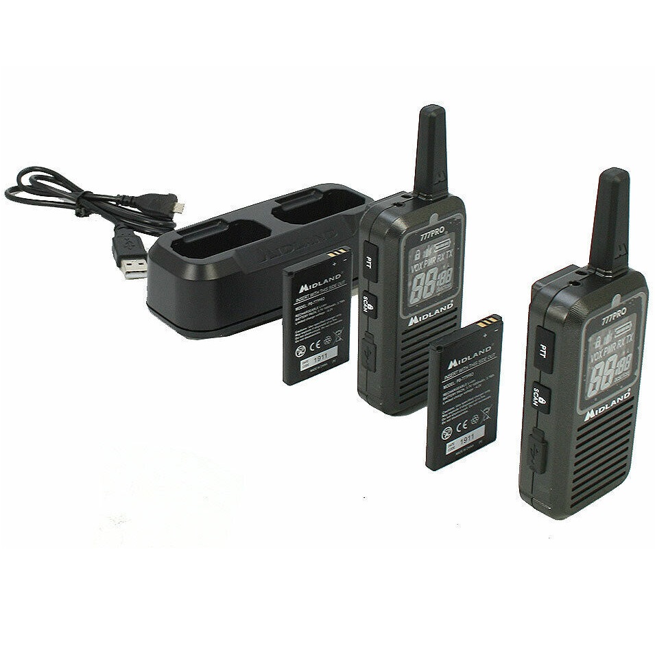 MIDLAND 777 PRO COPPIA WALKIE TALKIE BUNDLE BATTERIE CARICABATTERIE ALIMENTATORE CAVO USB 2