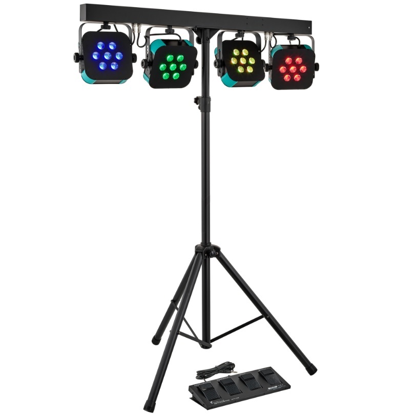 STAIRVILLE STAGE TRI LED BUNDLE COMPLETE 4 PAR LED SU BARRA-T CON STATIVO PEDALIERA A 4 INTERRUTTORI E BORSA 1