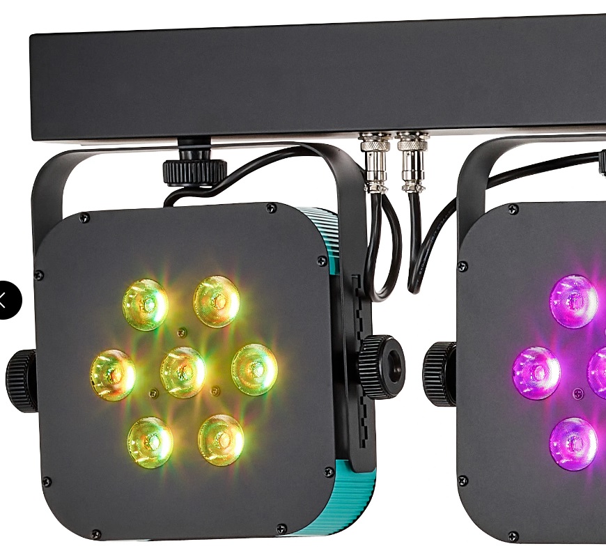 STAIRVILLE STAGE TRI LED BUNDLE COMPLETE 4 PAR LED SU BARRA-T CON STATIVO PEDALIERA A 4 INTERRUTTORI E BORSA 3