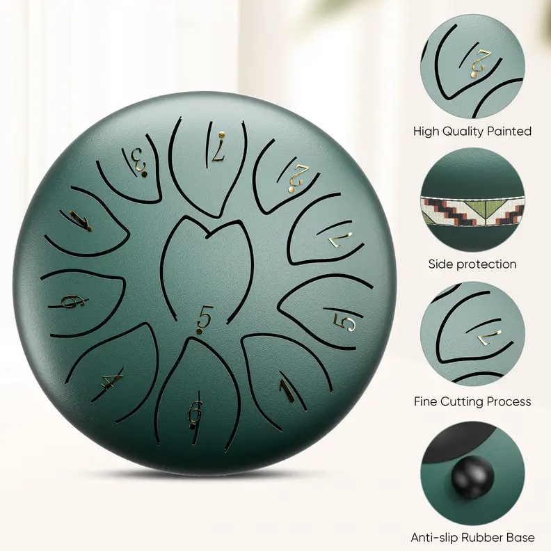 STEEL TONGUE DRUM 6″ TAMBURO ARMONICO 15,2CM TANK DRUM 11 TONI COLORE VERDE 4