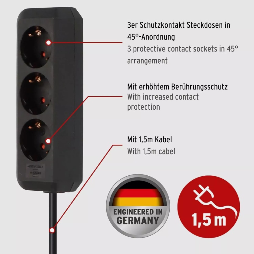 BRENNENSTUHL ECO-L 3 WAY SPLIT BK CIABATTA MULTIPRESA 3 PRESE SCHUKO CAVO 1,5M H05VV-F 3G1,5 2