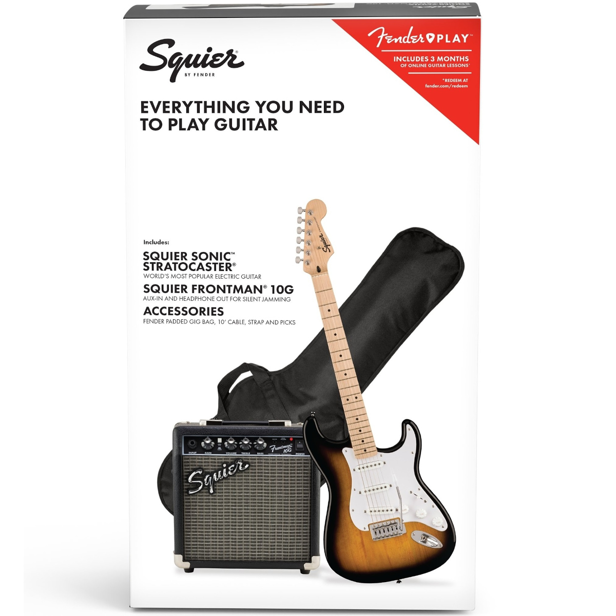 FENDER SQUIER SONIC STRATOCASTER SSS SUNBURST PACK CON CHITARRA ELETTRICA AMPLIFICATORE BORSA ED ACCESSORI 1