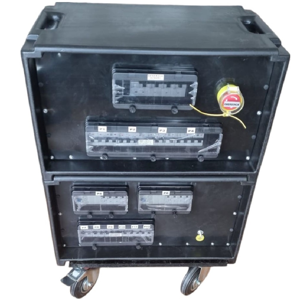 POWERBOX 125A SU RUOTE PRESE 2x63A 4x32A 6x16A3P + 3 SPIE VOLTOMETRO AMPEROMETRO FRONTE