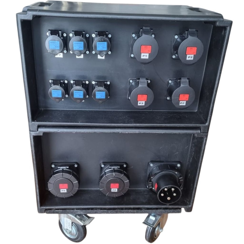 POWERBOX 125A SU RUOTE PRESE 2x63A 4x32A 6x16A3P + 3 SPIE VOLTOMETRO AMPEROMETRO RETRO