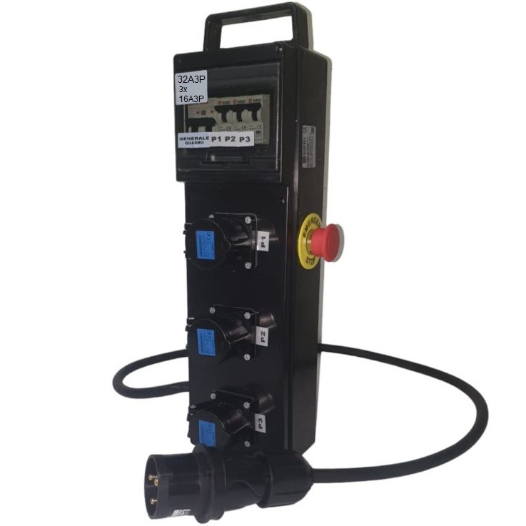 QUADRO CORRENTE POWERBOX DA SPINA 32A 3P MONOFASE A 3 PRESE CEE 16A 3P MONOFASE CON PULSANTE SICUREZZA 1