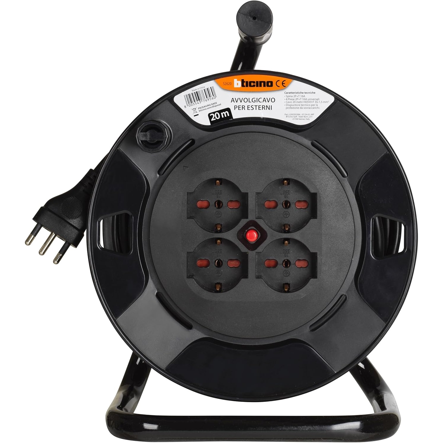 BTICINO S2620 PROLUNGA 20 METRI SU AVVOLGICAVO CON 4 PRESE UNEL SHUKO BIPASSO 2