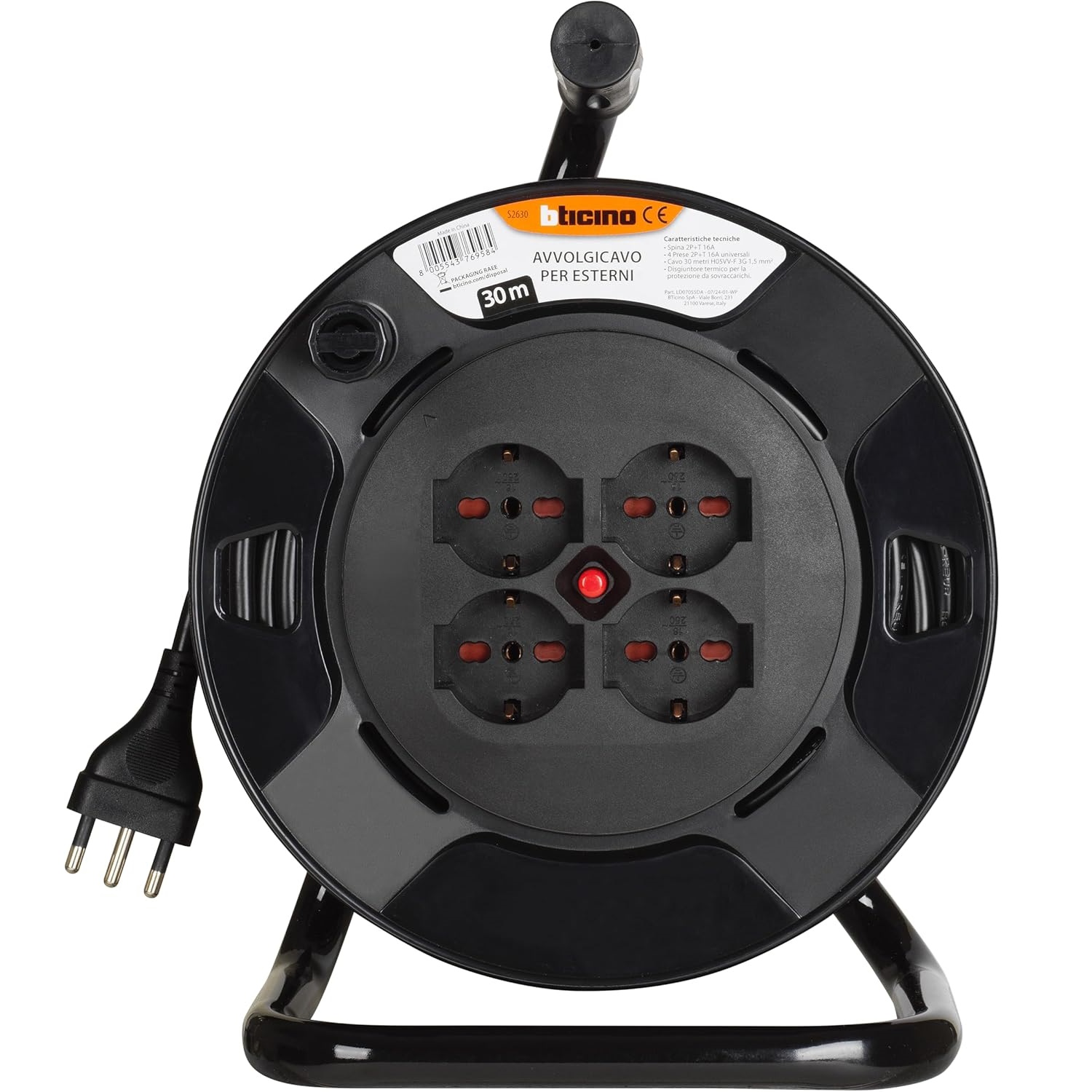 BTICINO S2630 PROLUNGA 30 METRI SU AVVOLGICAVO CON 4 PRESE UNEL SHUKO BIPASSO 2