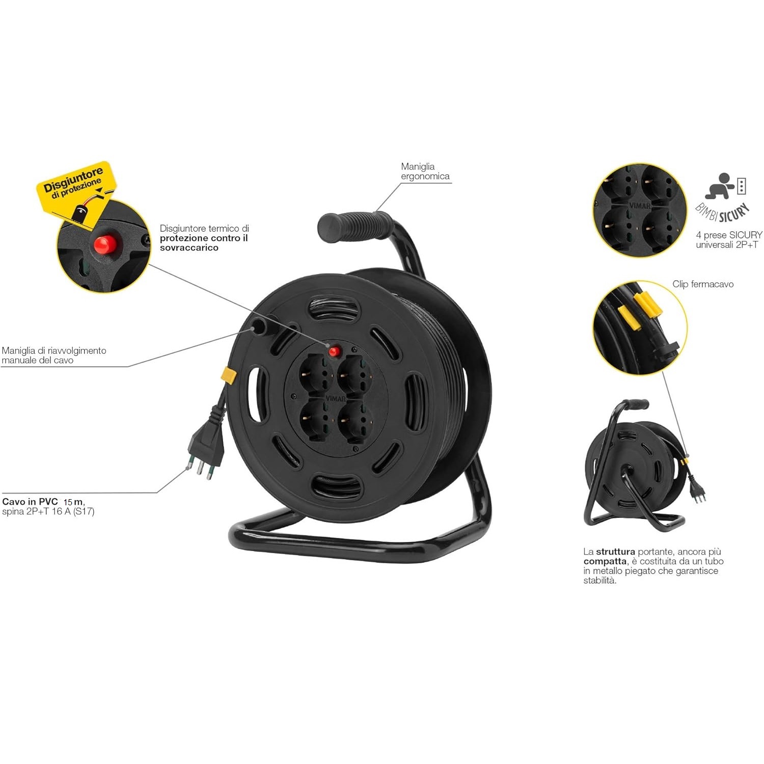 VIMAR 0P32730 PROLUNGA 15 METRI SU AVVOLGICAVO CON 4 PRESE UNEL SHUKO BIPASSO 1