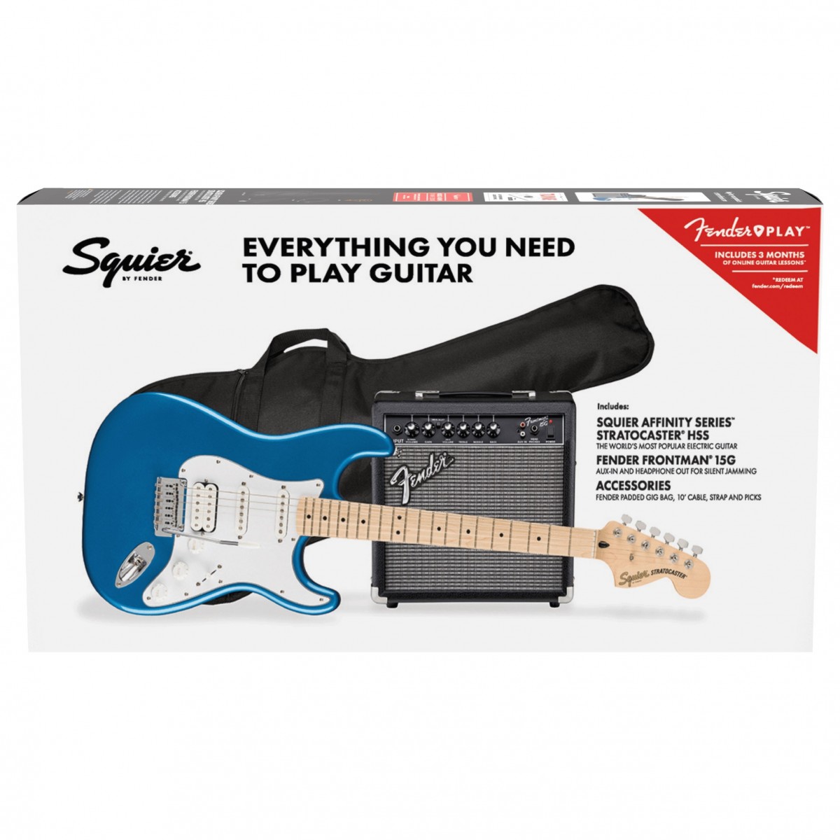 FENDER SQUIER AFFINITY STRATOCASTER HSS MN LPB PACK LAKE PLACID BLUE CHITARRA ELETTRICA AMPLIFICATORE TRACOLLA BORSA E ACCESSORI 2